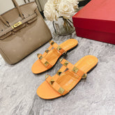 ROMAN STUD MANGO ORANGE CALFSKIN FLAT SLIDE SANDAL 25 MM
