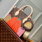 LV x YK ONTHEGO 25 IN BROWN MONOGRAM COATED CANVAS AND CALFSKIN PUMPKIN PATTERN