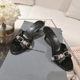 BALENCIAGA 25S HIGH-HEEL SANDALS IN BLACK COW LEATHER WITH RHINESTONE STRAP
