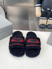 BALENCIAGA 25S FLAT SLIPPERS IN BLACK MIX RED WOOL