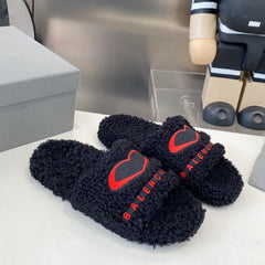 BALENCIAGA 25S FLAT SLIPPERS IN BLACK MIX RED WOOL