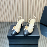 CHANEL 25S SLINGBACK SHOE LOGO 65MM IN BEIGE CALFSKIN GOLD HARDWARE