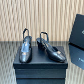 CHANEL 25S SLINGBACK SHOE LOGO 65MM IN BLACK CALFSKIN GOLD HARDWARE