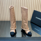 CHANEL 25S KNEE-HIGH HEELED BOOTS 65MM IN BEIGE CALFSKIN GOLD HARDWARE