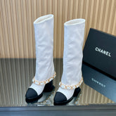 CHANEL 25S KNEE-HIGH HEELED BOOTS 65MM IN WHITE CALFSKIN GOLD HARDWARE
