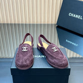 CHANEL 25S BACK STRAP MULE 15MM IN DARK PURPLE SUEDE SILVER HARDWARE