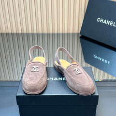 CHANEL 25S BACK STRAP MULE 15MM IN TAUPE GRAY SUEDE SILVER HARDWARE