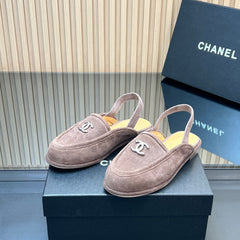 CHANEL 25S BACK STRAP MULE 15MM IN TAUPE GRAY SUEDE SILVER HARDWARE