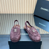 CHANEL 25S BACK STRAP MULE 15MM IN DARK PURPLE SUEDE AND WOOL GOLD HARDWARE