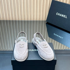 CHANEL 25S BACK STRAP MULE 15MM IN LIGHT PURPLE SUEDE AND WOOL SILVER HARDWARE