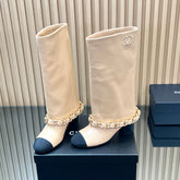 CHANEL 25S HIGH BOOTS 65MM IN BEIGE CALFSKIN GOLD HARDWARE