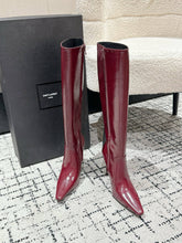 YSL 25S PLATFORM KNEE-HIGH BOOTS 70 MM IN WINE RED LAMBSKIN