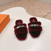 HM 25S ORAN SANDAL IN DARK RED SHEARLING WITH SILVER HARDWARE
