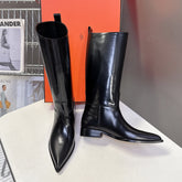 HM 25S POINTED-TOE KNEE-HIGH BOOTS IN BLACK GLOSSY LAMBSKIN