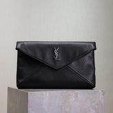 YSL 25S CASSANDRE LARGE ENVELOPE POUCH 29 IN BLACK CALFSKIN GRAY HARDWRE