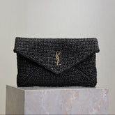 YSL 25S CASSANDRE LARGE ENVELOPE POUCH 29 IN BLACK RAFFIA GOLD HARDWRE