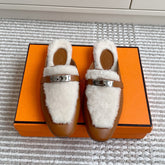 HM 25S CATENA MULE IN BEIGE SHEARLING AND BROWN LAMBSKIN WITH SILVER HARDWARE
