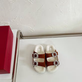 SLIDY VIV’ FUR STRASS BUCKLE MULES IN BROWN SUEDE AND CREAM SHEARLING INSOLE