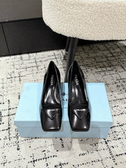 PRADA 25S SQUARE TOE HIGH HEELS IN BLACK PATENT CALFSKIN