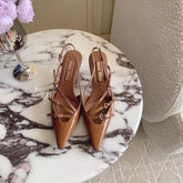 Slingback Ash Brown Leather With Stylized Cross Straps - Mid Heels