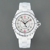 J12 Automatic White Ceramic Pink Diamond Numerals White Dial