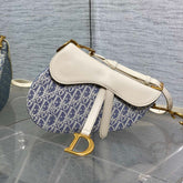 DIOR 25S SOFT SADDLE BAG 25 IN BLUE DIOR OBLIQUE CHAMBRAY AND IVORY SMOOTH CALFSKIN