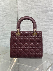DIOR 25S MEDIUM LADY BAG 24 IN BURGUNDY CALFSKIN GOLD HARDWARE