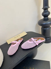ALAIA FLAT MULES 25S IN BLUSH PINK WOVEN MESH
