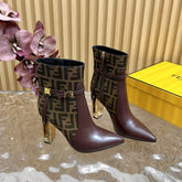 FF BOOTIES BOOTS IN SANGRIA CALFSKIN AND MONOGRAM FF FABRIC
