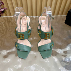 BALMAIN 25S RHINESTONE STILETTO SANDALS 95MM IN DUSTY GREEN CALFSKIN