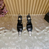 YSL 25S HIGH-HEEL SLINGBACKS 85 MM IN BLACK SHINY LAMBSKIN AND SILVER HARDWARE