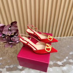 VALENTINO 25S HIGH-HEEL SLINGBACKS IN RED VELVET WITH GOLD HARDWARE