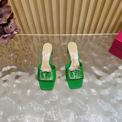 VALENTINO 25S HIGH-HEEL MULES 60 MM IN GREEN PATENT CALFSKIN WITH CRYSTAL-EMBELLISHED STRAP