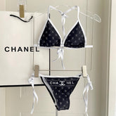 CC BIKINI SWIMSUIT SET IN BLACK AND WHITE TRIM WHITE LOGO PRINTED 608921