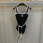 CC BIKINI SWIMSUIT SET IN BLACK AND WHITE TRIM WHITE WAIST TIE DETAIL 613721