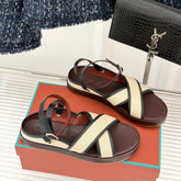 SANDALS THICK SOLE CROSS STRAP IN BEIGE FABRIC AND BROWN CALFSKIN
