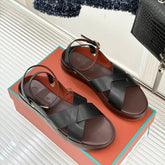 SANDALS THICK SOLE CROSS STRAP IN BLACK AND BROWN CALFSKIN