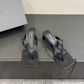 BALENCIAGA 25S HIGH-HEELED FLIP-FLOPS IN BLACK CALFSKIN WITH SILVER HARDWARE