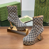 GG SHORT BOOTS 11.5 CM IN BLACK MIX BEIGE MONOGRAM JACQUARD FABRIC