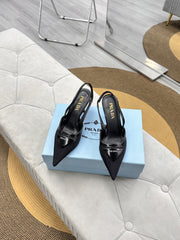 PRADA 25S TRIANGLE LOGO SLINGBACK PUMPS IN BLACK MESH FABRIC