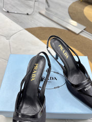 PRADA 25S TRIANGLE LOGO SLINGBACK PUMPS IN BLACK MESH FABRIC
