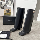 CHANEL 25S HIGH BOOTS 55MM IN BLACK CALFSKIN AND CANVAS GOLD HARDWARE