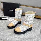 CHANEL 25S MID-CALF BOOTS 45MM IN LIGHT BROWN CALFSKIN AND WHITE TWEED GOLD HARDWARE