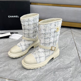 CHANEL 25S MID-CALF BOOTS 45MM IN BEIGE CALFSKIN AND WHITE TWEED GOLD HARDWARE