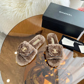 CHANEL 25S FUR SLIPPERS IN DARK BROWN LOGO GOLD HARDWARE