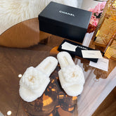 CHANEL 25S FUR SLIPPERS IN WHITE LOGO GOLD HARDWARE
