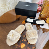 CHANEL 25S FUR SLIPPERS IN LIGHT BEIGE LOGO GOLD HARDWARE
