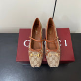 GG MARY JANE 25S IN MINK BROWN CANVAS MIX LAMBSKIN WITH GOLD HARDWARE