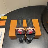 LV SLIDE SANDALS 25S IN DARK BROWN AND BLACK CALFSKIN WITH CHERRY BLOSSOM BUCKLE