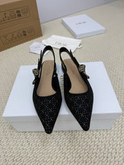 DIOR FLAT SLINGBACK 25S IN BLACK FABRIC AND BRAND NAME EMBROIDERY